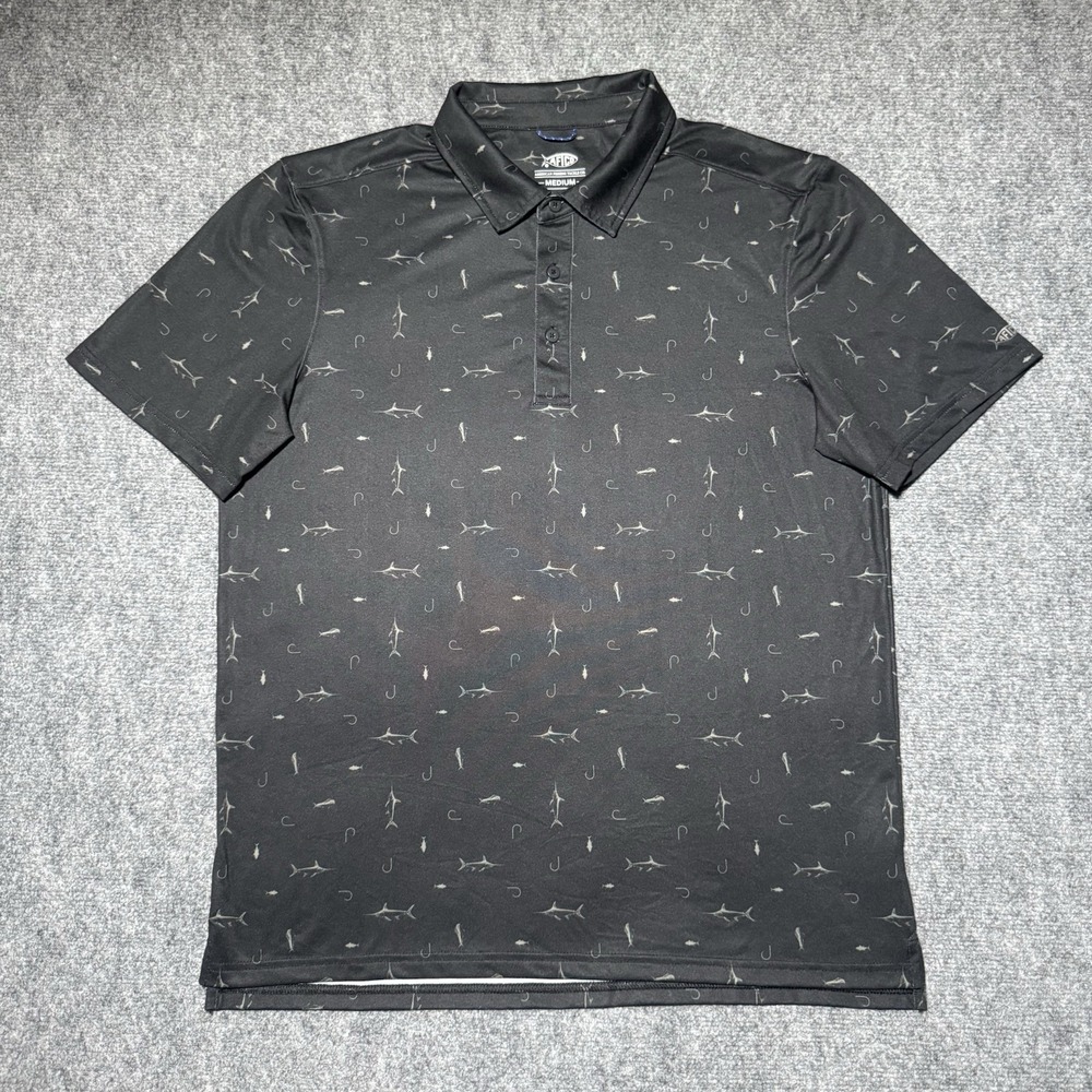 AFTCO Performance Polo Shirt Men Medium Black Fish Hook Pattern Tackle Golf